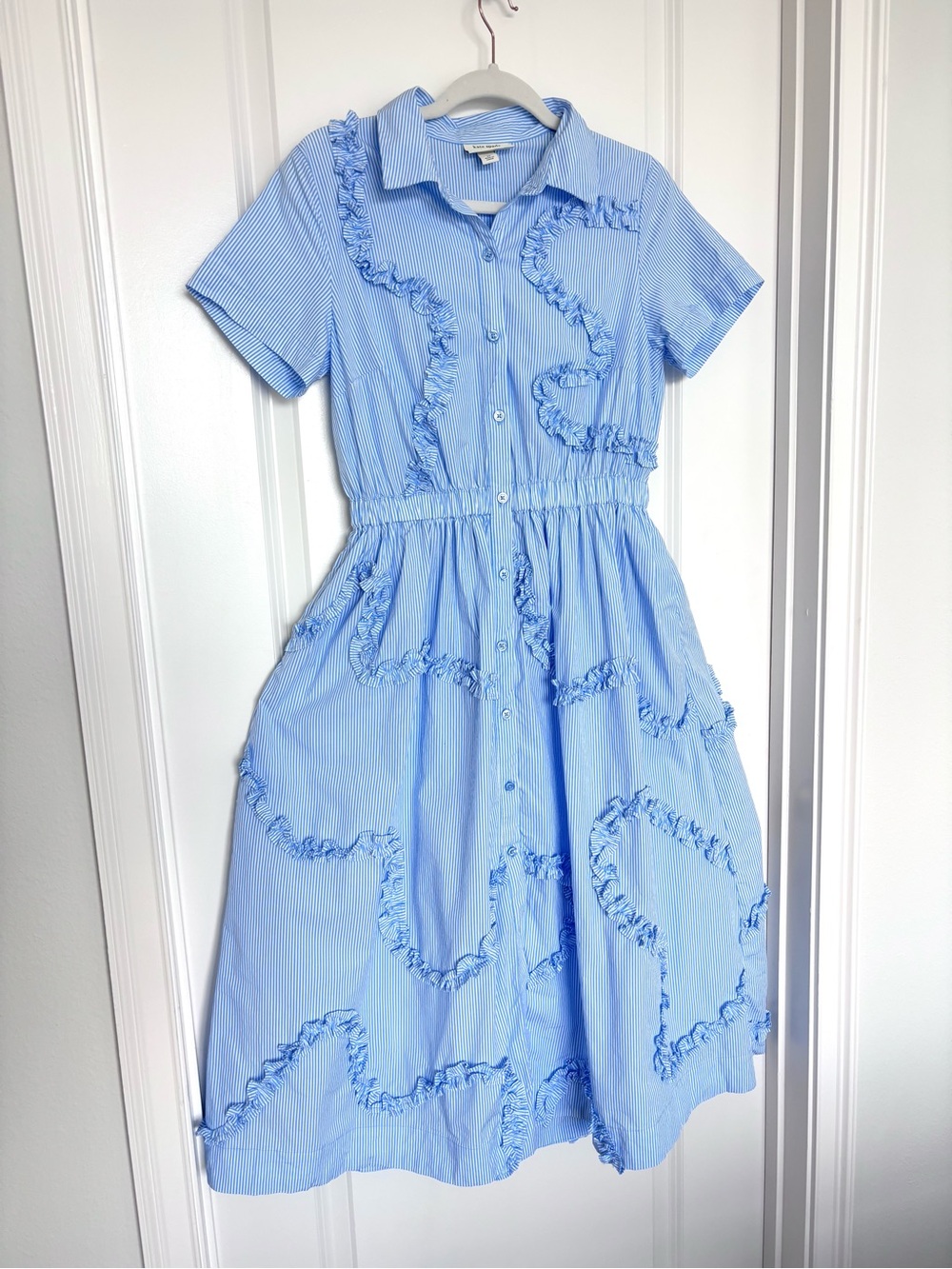 Kate Spade 100% Cotton Blue Striped Ruffle Dress Coastal Coquette Preppy XS